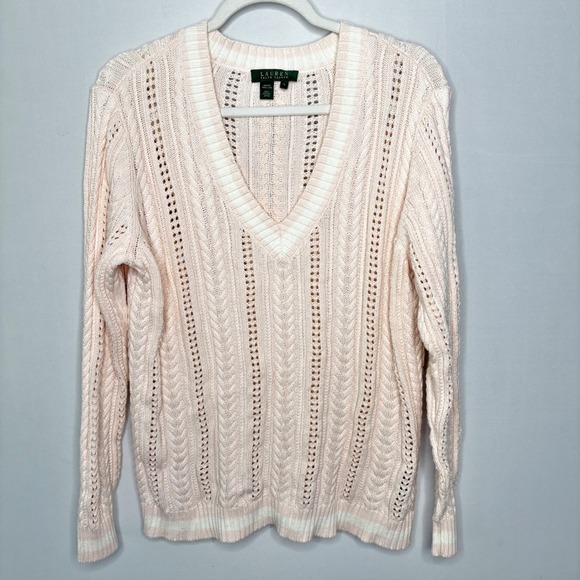 Lauren Ralph Lauren Cable Knit Sweater Size X Cotton Pink White Classic Preppy - Picture 9 of 9